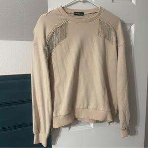 Vici Cream Crewneck Sweatshirt with Silver Fringe